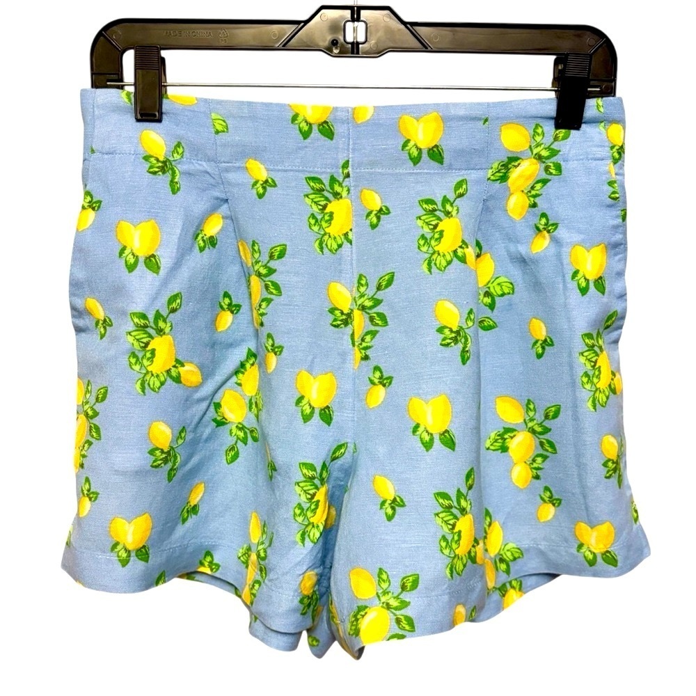 LOFT Pleated Pull On Linen Shorts in Lemon Print & Blue, Womens size Small